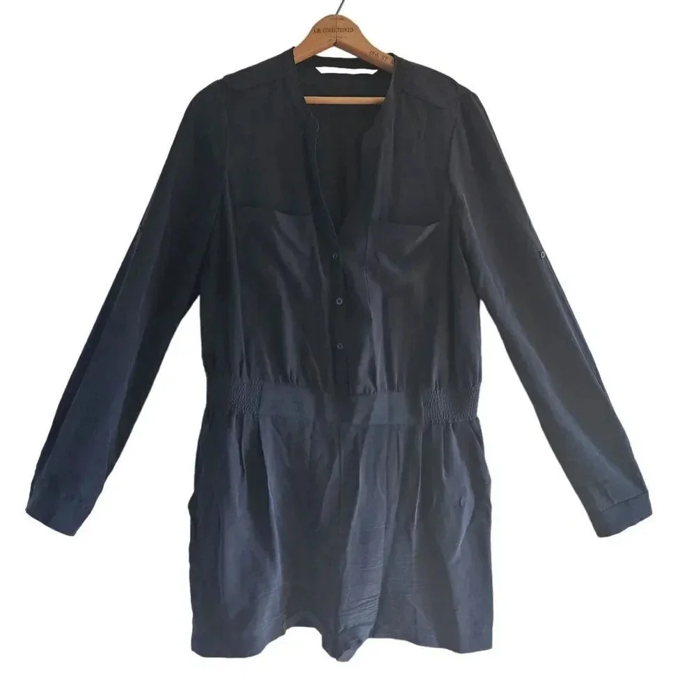 Twelfth Street by Cynthia Vincent Romper Womens Medium Black Silk V Neck Button